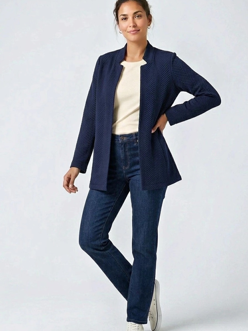 Chicos Women's Textured Open Front Jacket in Blue Like New